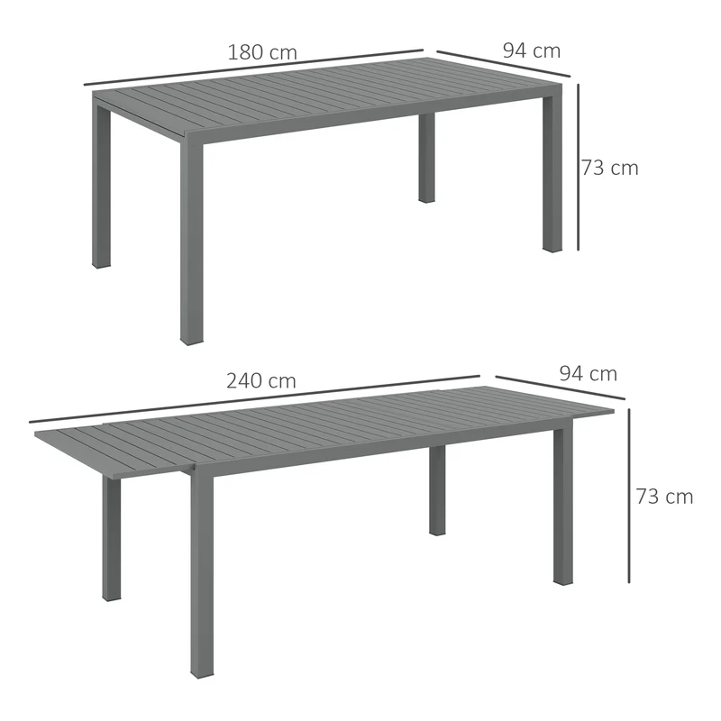 Outsunny Mesa de Jardín Extensible de Aluminio Mesa de Comedor Exterior Mesa de Terraza Rectangular para 6 -8 Personas Carga 50 kg para Balcón 180/240x94x73 cm Gris Oscuro
