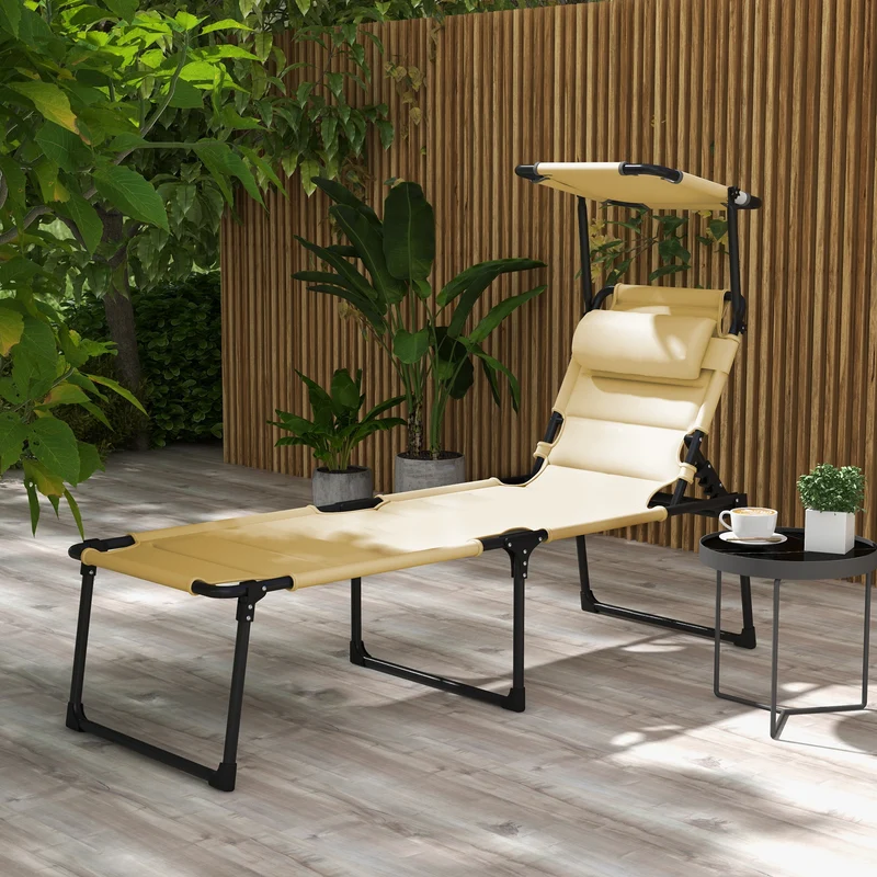 Outsunny Tumbona Plegable Tumbona de Jardín con Toldo Ajustable Respaldo Regulable en 4 Niveles y Reposacabezas para Terraza Piscina 70x200x45 cm Crema