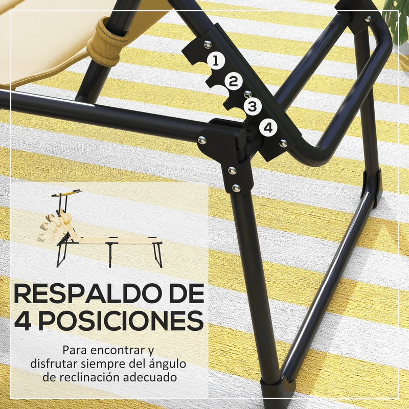 Outsunny Tumbona Plegable Tumbona de Jardín con Toldo Ajustable Respaldo Regulable en 4 Niveles y Reposacabezas para Terraza Piscina 70x200x45 cm Crema