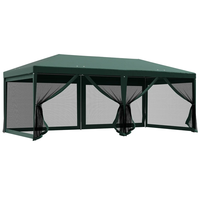 Outsunny Carpa de Jardín 6x3 m Carpa para Fiesta Cenador Desmontable Exterior con 6 Mosquiteras Laterales 2 Puertas con Cremallera Impermeable Pabellón Gazebo para Terraza Patio Playa Verde