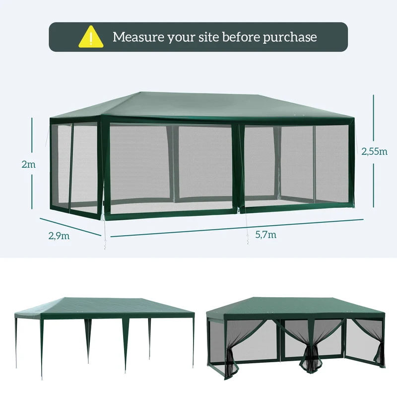Outsunny Carpa de Jardín 6x3 m Carpa para Fiesta Cenador Desmontable Exterior con 6 Mosquiteras Laterales 2 Puertas con Cremallera Impermeable Pabellón Gazebo para Terraza Patio Playa Verde