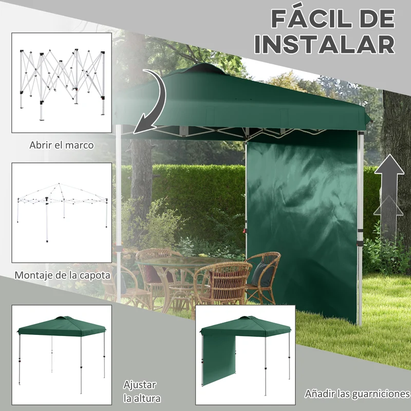 Outsunny Carpa Plegable 2,5x2,5 m Cenador de Jardín con 1 Pared Lateral Altura Ajustable en 3 Niveles Anti-UV Impermeable y Bolsa de Arena Gazebo para Exterior Camping Fiestas Verde