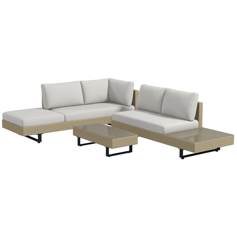 Outsunny Conjunto de Muebles Ratán de 3 Piezas Mesa de Centro Sofá Doble y Sofá de 3 Plazas con Cojines Extraíbles para Exterior Jardín Terraza Patio Acero Beige
