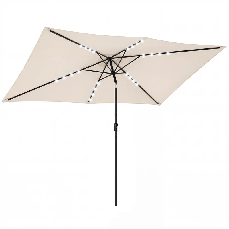 Outsunny Sombrilla Terraza Exterior, 2,9x2,5 m, Sombrilla de Jardín con 24 Luces LED Solares, Dosel Inclinable, Poste Metálico, Parasol para Patio, Terraza, Crema