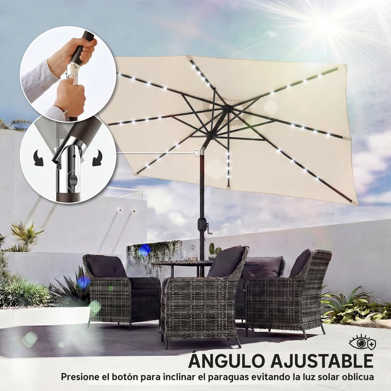 Outsunny Sombrilla Terraza Exterior, 2,9x2,5 m, Sombrilla de Jardín con 24 Luces LED Solares, Dosel Inclinable, Poste Metálico, Parasol para Patio, Terraza, Crema