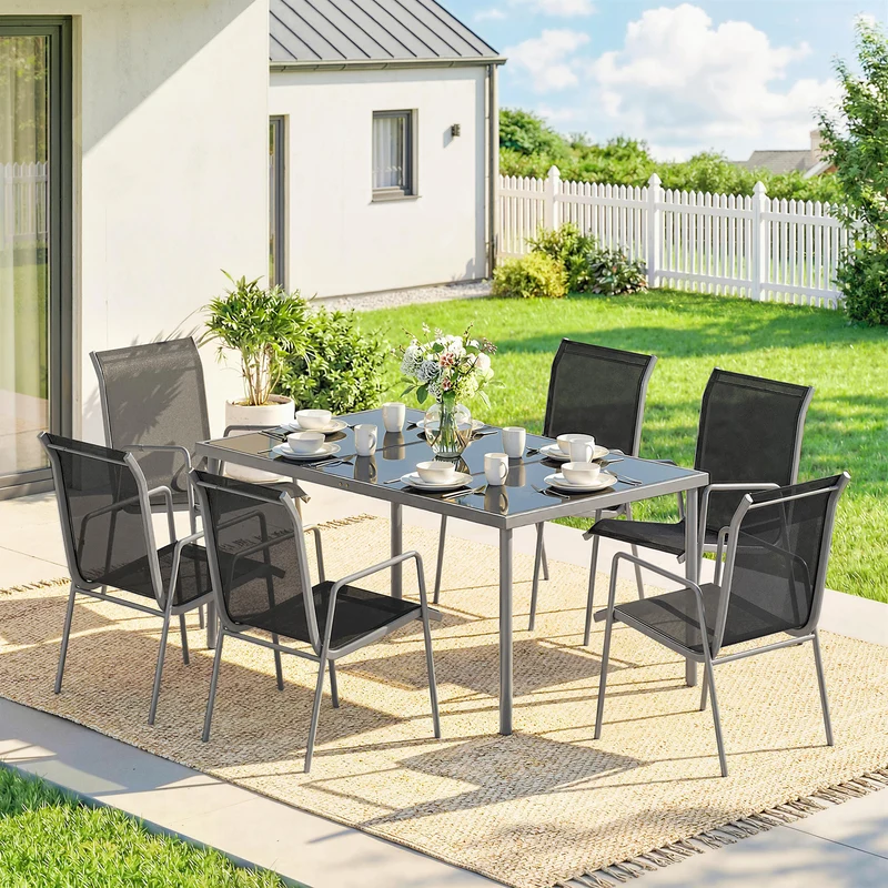 Outsunny Conjunto de Mesa y Sillas Jardín de 7 Piezas, Muebles Jardín Exterior con Mesa de Vidrio Templado, 6 Sillas Apilables Transpirables, Marco de Metal Resistente a la Intemperie, Negro y Plata