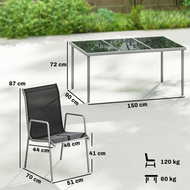 Outsunny Conjunto de Mesa y Sillas Jardín de 7 Piezas, Muebles Jardín Exterior con Mesa de Vidrio Templado, 6 Sillas Apilables Transpirables, Marco de Metal Resistente a la Intemperie, Negro y Plata