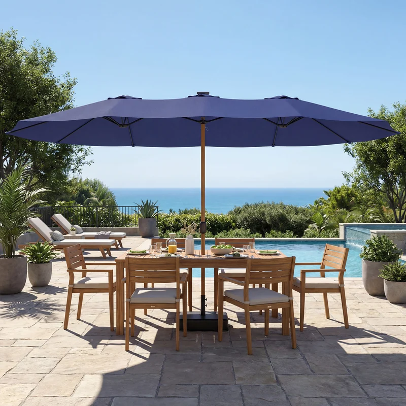 Outsunny Sombrilla Doble 4,7x2,8 m, Sombrilla Terraza Exterior con Base Incluida, Manivela Manual, Sacos de Arena y Funda, Anti-UV, Resistente al Agua, Parasol para Jardín, Terraza, Patio, Azul Oscuro