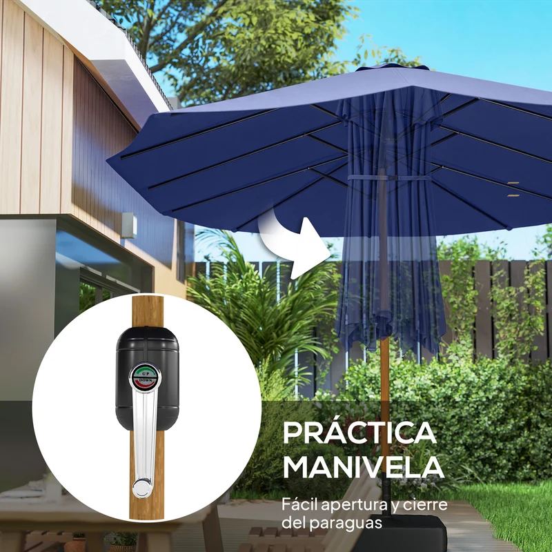 Outsunny Sombrilla Doble 4,7x2,8 m, Sombrilla Terraza Exterior con Base Incluida, Manivela Manual, Sacos de Arena y Funda, Anti-UV, Resistente al Agua, Parasol para Jardín, Terraza, Patio, Azul Oscuro