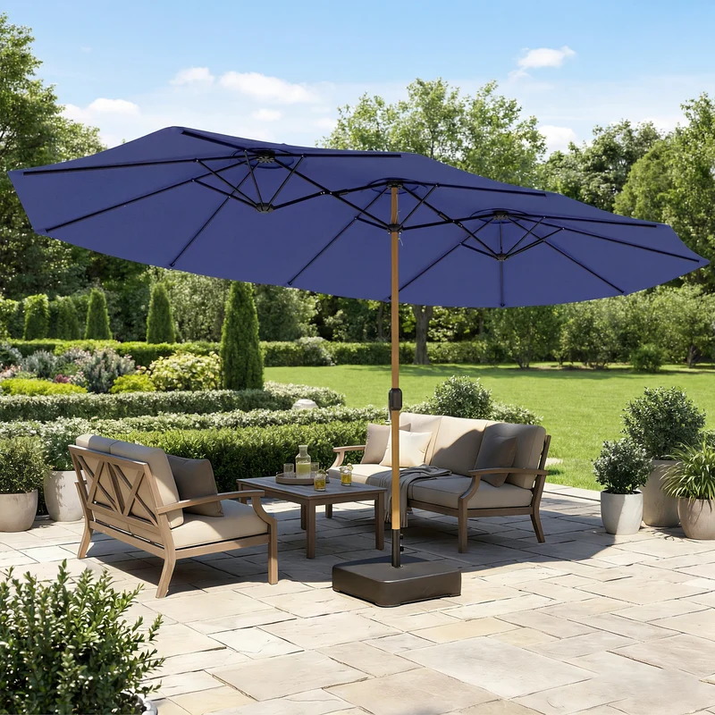 Outsunny Sombrilla Doble 4,7x2,8 m, Sombrilla Terraza Exterior con Base Incluida, Manivela Manual, Sacos de Arena y Funda, Anti-UV, Resistente al Agua, Parasol para Jardín, Terraza, Patio, Azul Oscuro