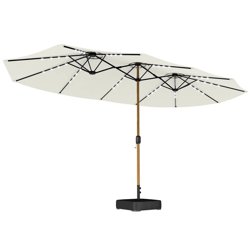 Outsunny Sombrilla Doble con 48 Luces LED, 4,6x2,6 m, Sombrilla Terraza Exterior con Base Incluida, Manivela, Sacos Arena, Funda, Anti-UV, Resistente al Agua, Parasol para Jardín, Terraza, Crema