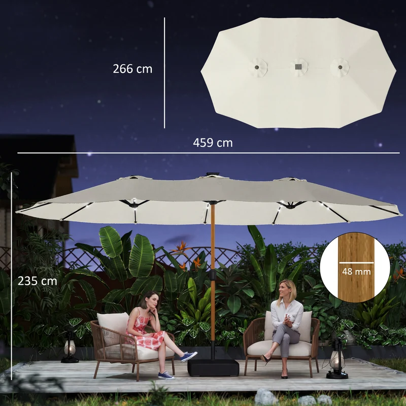 Outsunny Sombrilla Doble con 48 Luces LED, 4,6x2,6 m, Sombrilla Terraza Exterior con Base Incluida, Manivela, Sacos Arena, Funda, Anti-UV, Resistente al Agua, Parasol para Jardín, Terraza, Crema