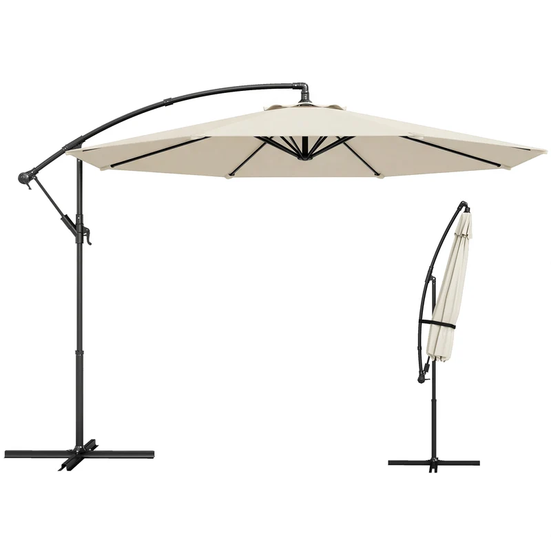 Outsunny Parasol Excéntrico, Ø300 cm, Sombrilla de Jardín con Base Cruzada, Toldo Ajustable, Manivela, 8 Barras, UPF30+, para Terraza, Patio, Exterior, Blanco Crema