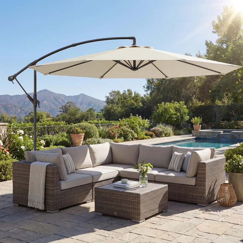 Outsunny Parasol Excéntrico, Ø300 cm, Sombrilla de Jardín con Base Cruzada, Toldo Ajustable, Manivela, 8 Barras, UPF30+, para Terraza, Patio, Exterior, Blanco Crema