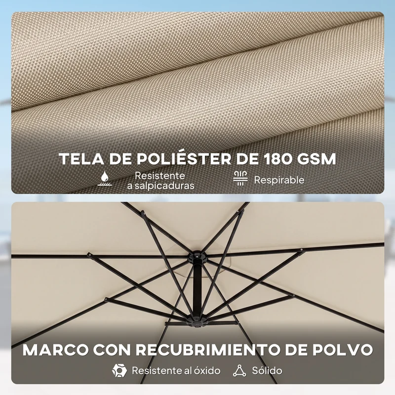 Outsunny Parasol Excéntrico, Ø300 cm, Sombrilla de Jardín con Base Cruzada, Toldo Ajustable, Manivela, 8 Barras, UPF30+, para Terraza, Patio, Exterior, Blanco Crema