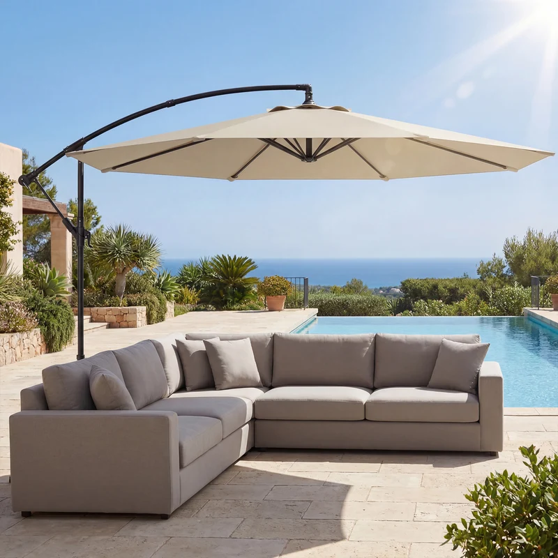 Outsunny Parasol Excéntrico, Ø300 cm, Sombrilla de Jardín con Base Cruzada, Toldo Ajustable, Manivela, 8 Barras, UPF30+, para Terraza, Patio, Exterior, Blanco Crema
