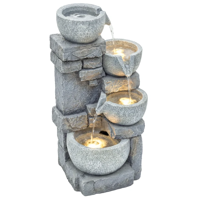 Outsunny Fuente de Agua Decorativa con Iluminación LED y Bomba, Fuente de Jardín Exterior en Cascada de 4 Niveles, Flujo Ajustable, Resistente a la intemperie, para Jardín, Terraza, Patio, Gris