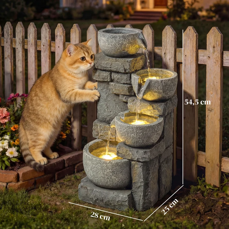 Outsunny Fuente de Agua Decorativa con Iluminación LED y Bomba, Fuente de Jardín Exterior en Cascada de 4 Niveles, Flujo Ajustable, Resistente a la intemperie, para Jardín, Terraza, Patio, Gris
