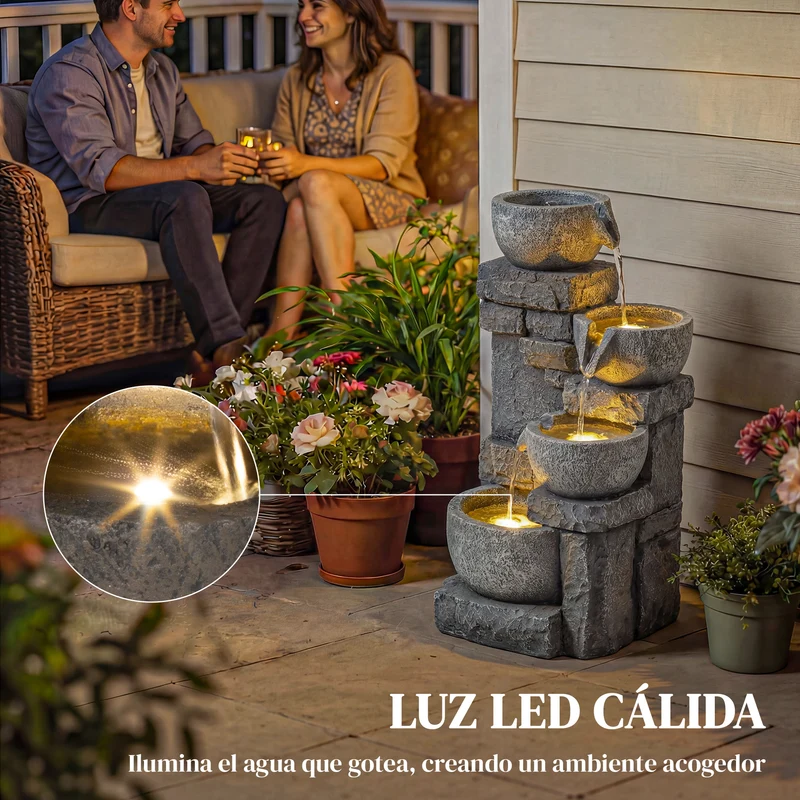 Outsunny Fuente de Agua Decorativa con Iluminación LED y Bomba, Fuente de Jardín Exterior en Cascada de 4 Niveles, Flujo Ajustable, Resistente a la intemperie, para Jardín, Terraza, Patio, Gris
