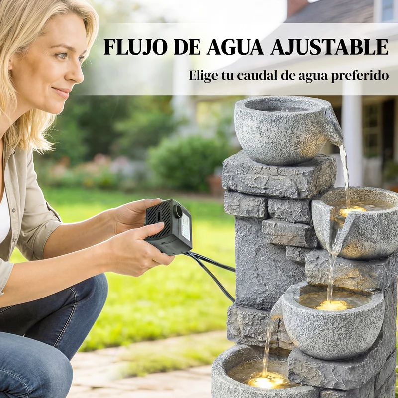 Outsunny Fuente de Agua Decorativa con Iluminación LED y Bomba, Fuente de Jardín Exterior en Cascada de 4 Niveles, Flujo Ajustable, Resistente a la intemperie, para Jardín, Terraza, Patio, Gris