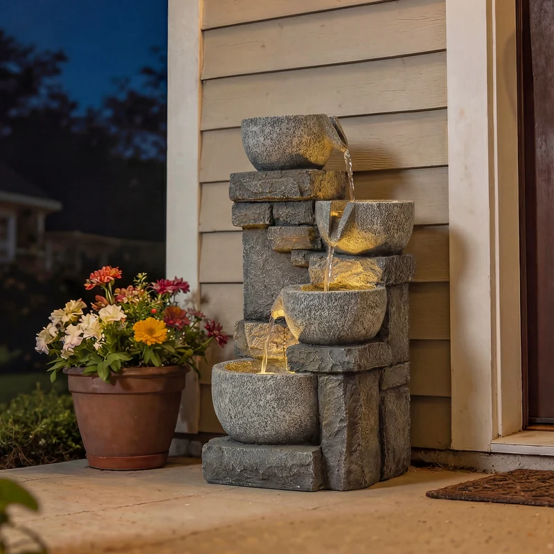 Outsunny Fuente de Agua Decorativa con Iluminación LED y Bomba, Fuente de Jardín Exterior en Cascada de 4 Niveles, Flujo Ajustable, Resistente a la intemperie, para Jardín, Terraza, Patio, Gris