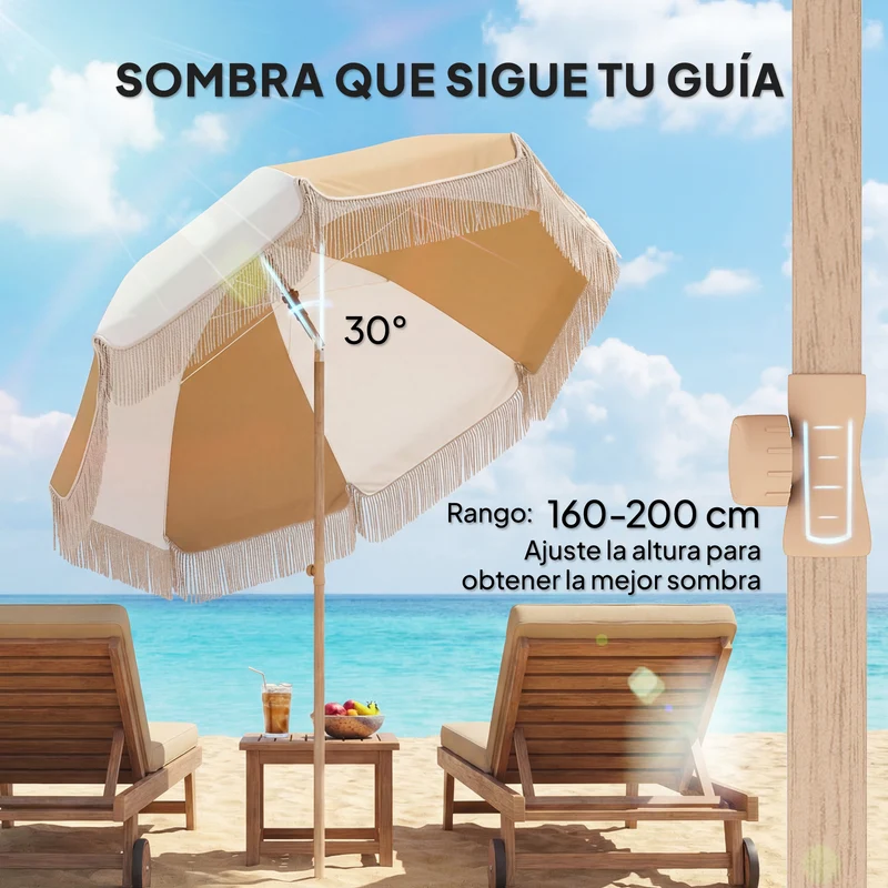 Outsunny Sombrilla de Playa con Flecos Ø175 cm, Sombrilla de Terraza Exterior con Altura Ajustable, Inclinación 30°, Anclaje Arena, UPF30+ y Bolsa de Transporte, Blanco y Beige