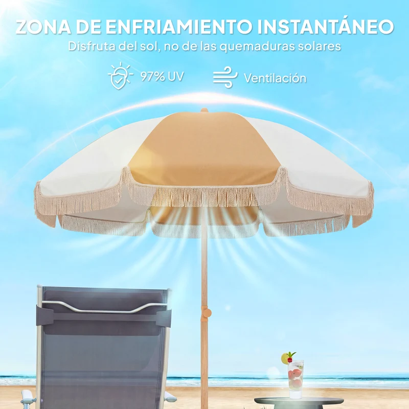 Outsunny Sombrilla de Playa con Flecos Ø175 cm, Sombrilla de Terraza Exterior con Altura Ajustable, Inclinación 30°, Anclaje Arena, UPF30+ y Bolsa de Transporte, Blanco y Beige
