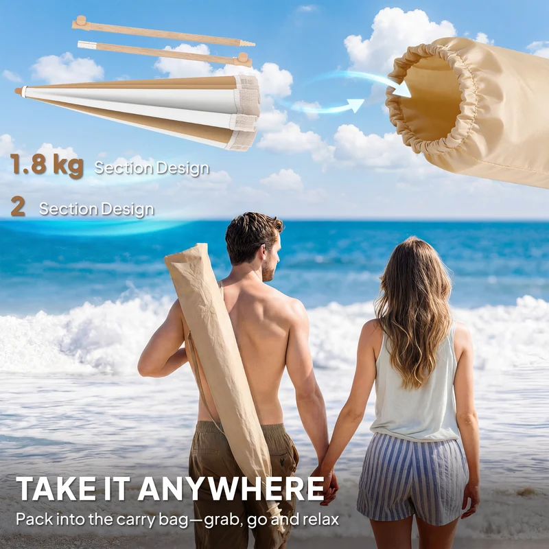Outsunny Sombrilla de Playa con Flecos Ø175 cm, Sombrilla de Terraza Exterior con Altura Ajustable, Inclinación 30°, Anclaje Arena, UPF30+ y Bolsa de Transporte, Blanco y Beige