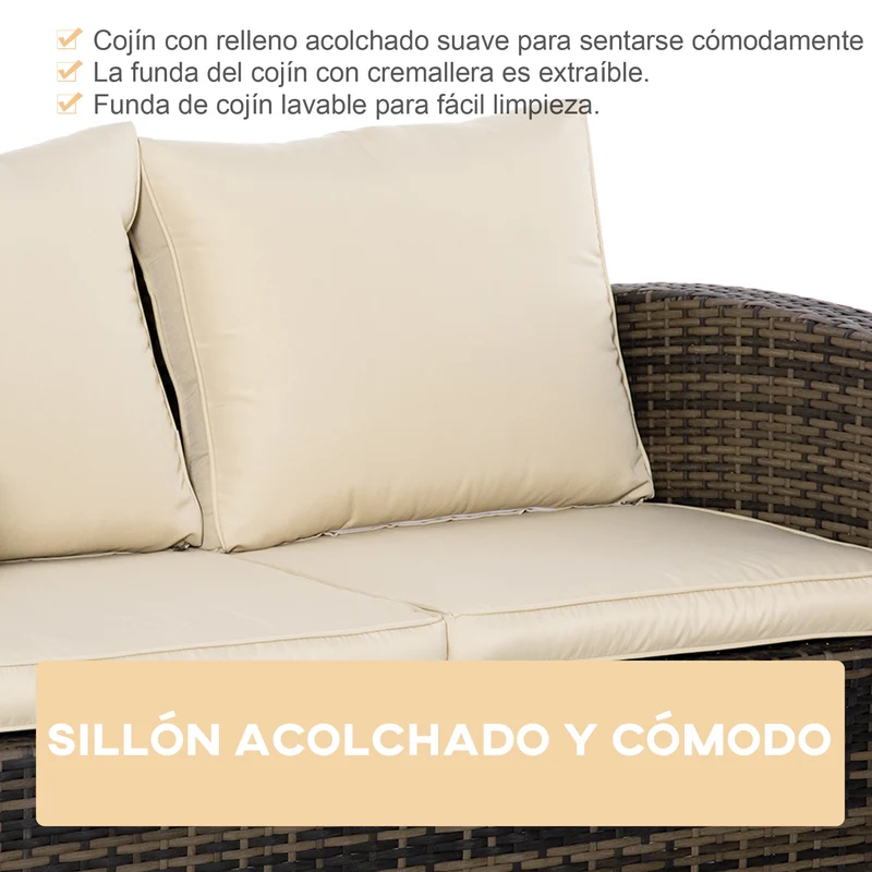 Conjunto jardín ratán 6 piezas – sofá doble, sofá 3 plazas, 2 sillones y 2 mesas auxiliares almacenaje, caqui | Outsunny
