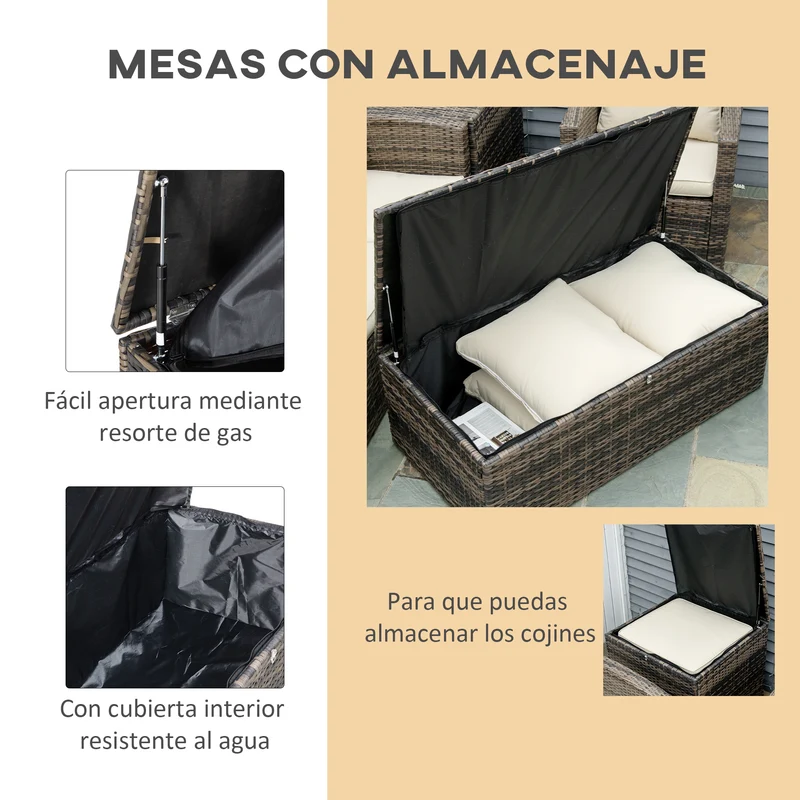 Conjunto jardín ratán 6 piezas – sofá doble, sofá 3 plazas, 2 sillones y 2 mesas auxiliares almacenaje, caqui | Outsunny