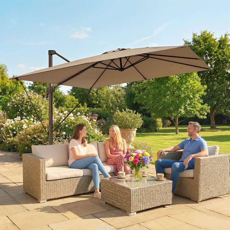 Outsunny Sombrilla de Jardín 2,9x2,9 m, Parasol Excéntrico de Aluminio con Manivela, Toldo Giratorio 360°, Inclinación Ajustable, Base Cruzada y Funda, UPF30+, Sombrilla para Terraza Exterior, Caqui