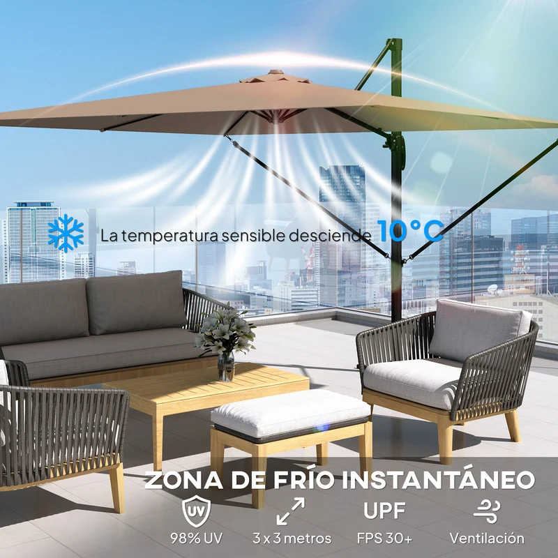 Outsunny Sombrilla de Jardín 2,9x2,9 m, Parasol Excéntrico de Aluminio con Manivela, Toldo Giratorio 360°, Inclinación Ajustable, Base Cruzada y Funda, UPF30+, Sombrilla para Terraza Exterior, Caqui