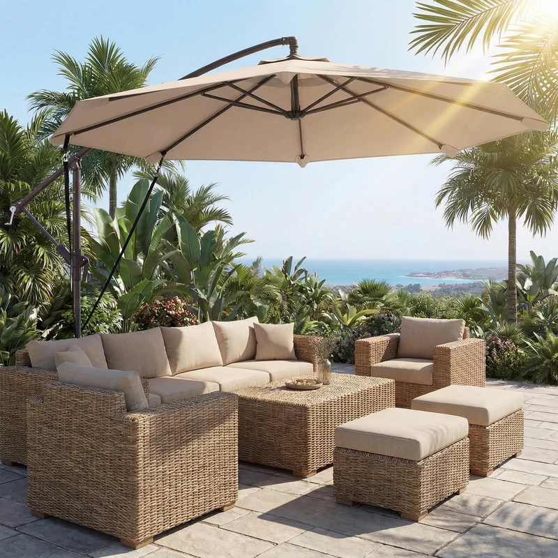 Outsunny Parasol Excéntrico, Ø300 cm, Sombrilla de Jardín con Base Cruzada, Manivela, Funda Protectora y Cuerdas de Viento, UPF30+, para Terraza, Patio, Caqui