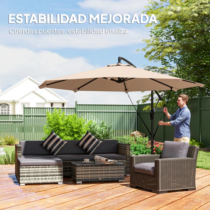 Outsunny Parasol Excéntrico, Ø300 cm, Sombrilla de Jardín con Base Cruzada, Manivela, Funda Protectora y Cuerdas de Viento, UPF30+, para Terraza, Patio, Caqui