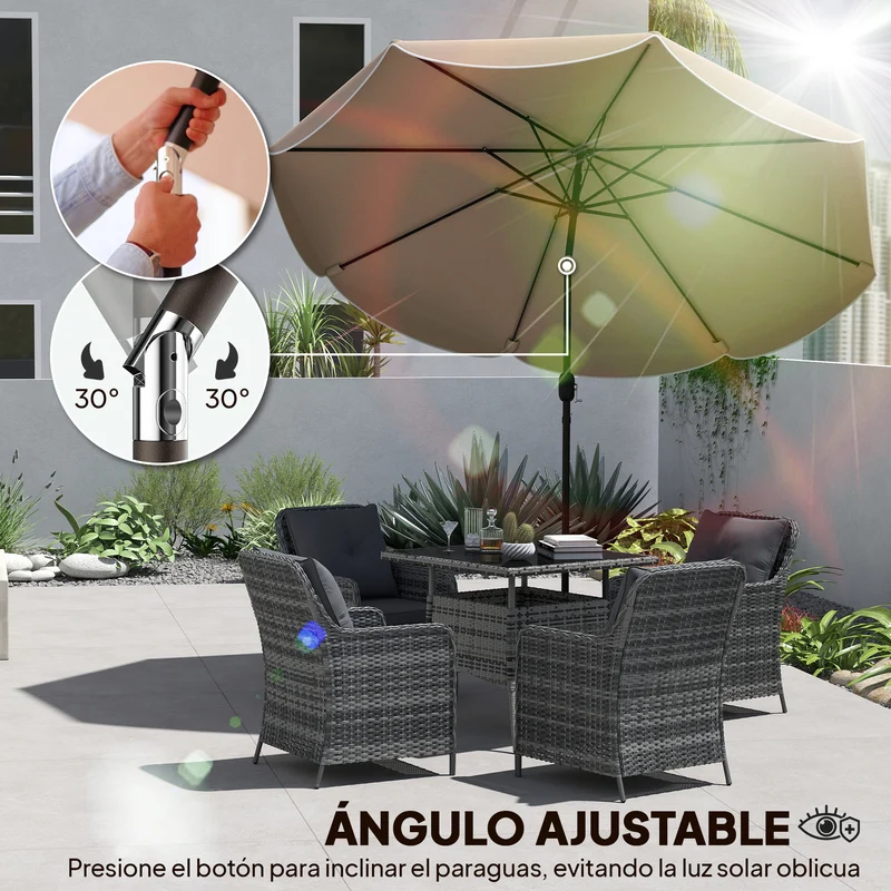 Outsunny Sombrilla Terraza Exterior, Ø2,7 m, Sombrilla de Jardín con Inclinación Ajustable 3 Posiciones, Manivela y Volantes, Impermeable, Parasol para Playa, Patio, Terraza, Caqui
