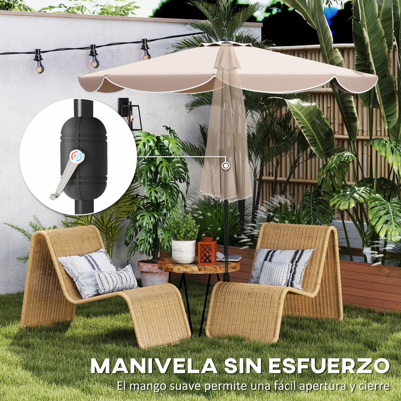 Outsunny Sombrilla Terraza Exterior, Ø2,7 m, Sombrilla de Jardín con Inclinación Ajustable 3 Posiciones, Manivela y Volantes, Impermeable, Parasol para Playa, Patio, Terraza, Caqui
