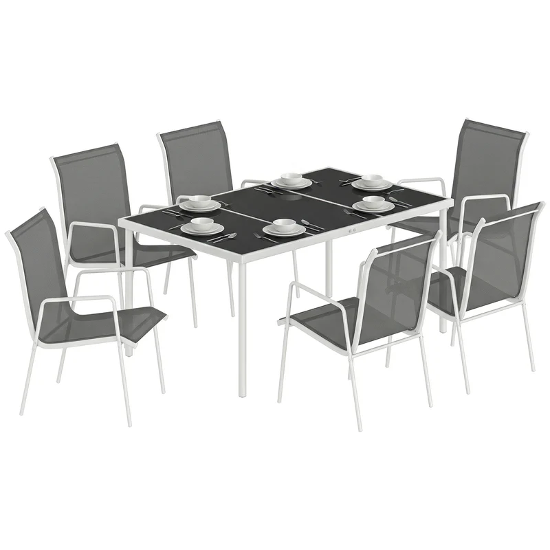 Outsunny Conjunto de Mesa y Sillas Jardín de 7 Piezas, Muebles Jardín Exterior con Mesa de Vidrio Templado, 6 Sillas Apilables Transpirables, Marco de Metal Resistente a la Intemperie, Blanco y Gris