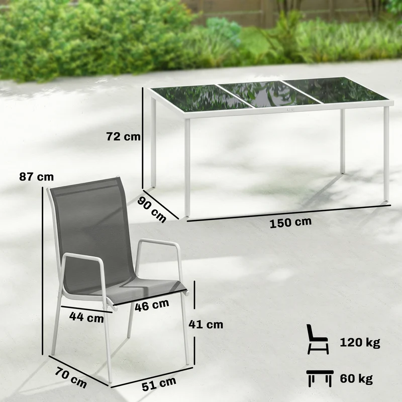Outsunny Conjunto de Mesa y Sillas Jardín de 7 Piezas, Muebles Jardín Exterior con Mesa de Vidrio Templado, 6 Sillas Apilables Transpirables, Marco de Metal Resistente a la Intemperie, Blanco y Gris