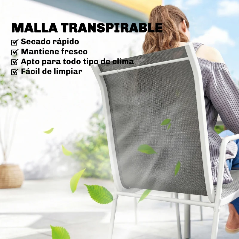 Outsunny Conjunto de Mesa y Sillas Jardín de 7 Piezas, Muebles Jardín Exterior con Mesa de Vidrio Templado, 6 Sillas Apilables Transpirables, Marco de Metal Resistente a la Intemperie, Blanco y Gris