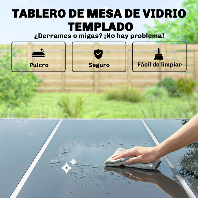 Outsunny Conjunto de Mesa y Sillas Jardín de 7 Piezas, Muebles Jardín Exterior con Mesa de Vidrio Templado, 6 Sillas Apilables Transpirables, Marco de Metal Resistente a la Intemperie, Blanco y Gris