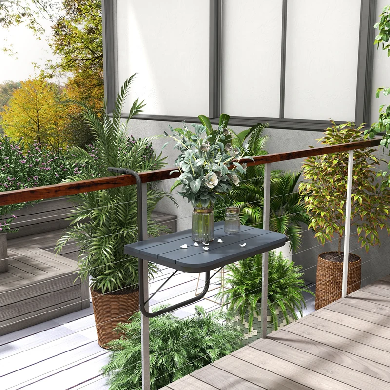 Outsunny Mesa Colgante de Balcón, Mesa Plegable para Balcón de Aluminio para Barandilla, con Altura Ajustable en 4 Niveles, Adaptable a 4 Anchos, Carga 25 kg, para Jardín, 60x40x55-64 cm, Negro