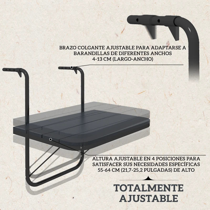 Outsunny Mesa Colgante de Balcón, Mesa Plegable para Balcón de Aluminio para Barandilla, con Altura Ajustable en 4 Niveles, Adaptable a 4 Anchos, Carga 25 kg, para Jardín, 60x40x55-64 cm, Negro