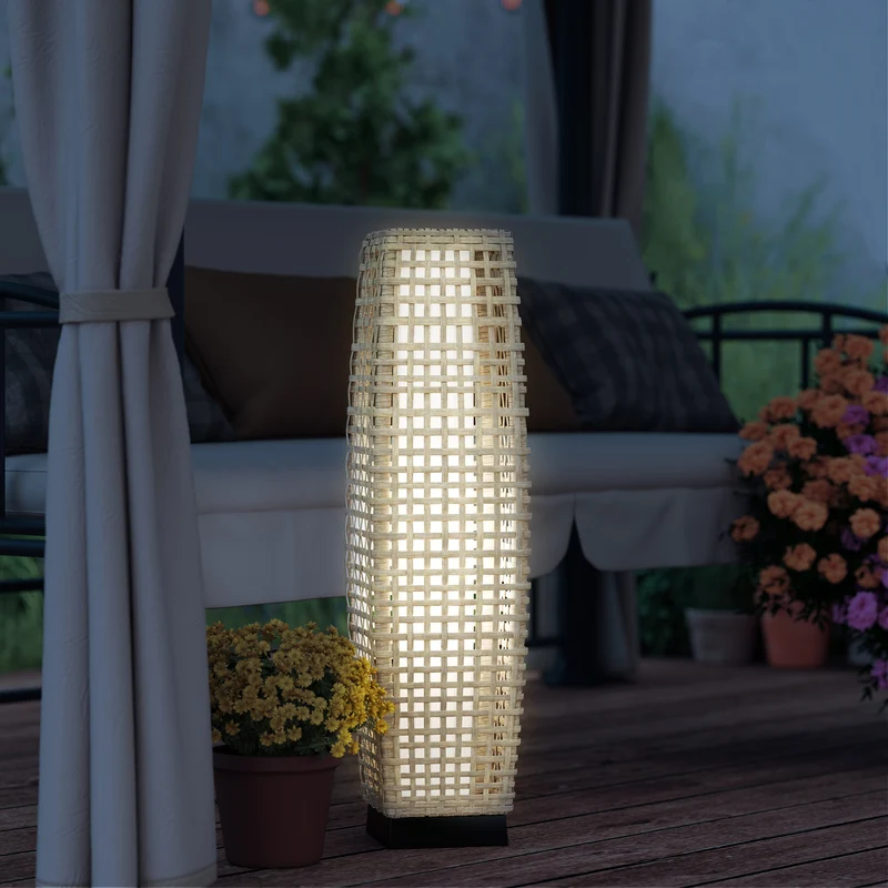 Outsunny Linterna de Jardín de Ratán Sintético Luces Solares Exterior con Luces LED Encendido/Apagado Automático para Terraza Balcón Patio 21x21x78 cm Natural