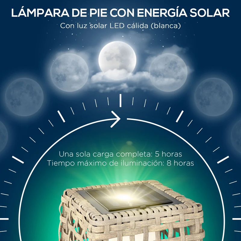 Outsunny Linterna de Jardín de Ratán Sintético Luces Solares Exterior con Luces LED Encendido/Apagado Automático para Terraza Balcón Patio 21x21x78 cm Natural