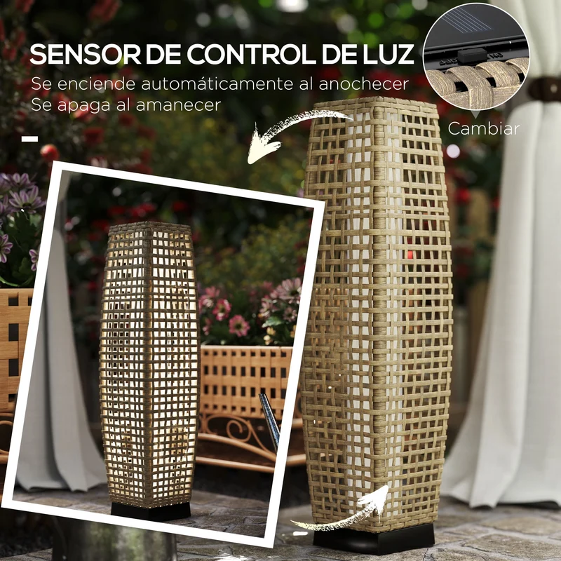 Outsunny Linterna de Jardín de Ratán Sintético Luces Solares Exterior con Luces LED Encendido/Apagado Automático para Terraza Balcón Patio 21x21x78 cm Natural