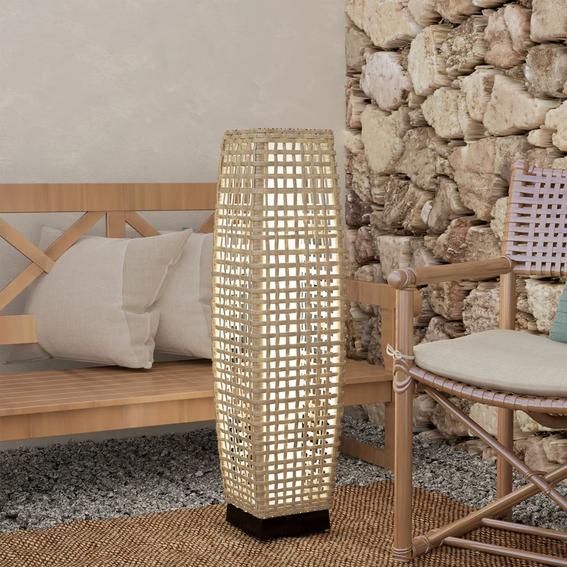 Outsunny Linterna de Jardín de Ratán Sintético Luces Solares Exterior con Luces LED Encendido/Apagado Automático para Terraza Balcón Patio 21x21x78 cm Natural