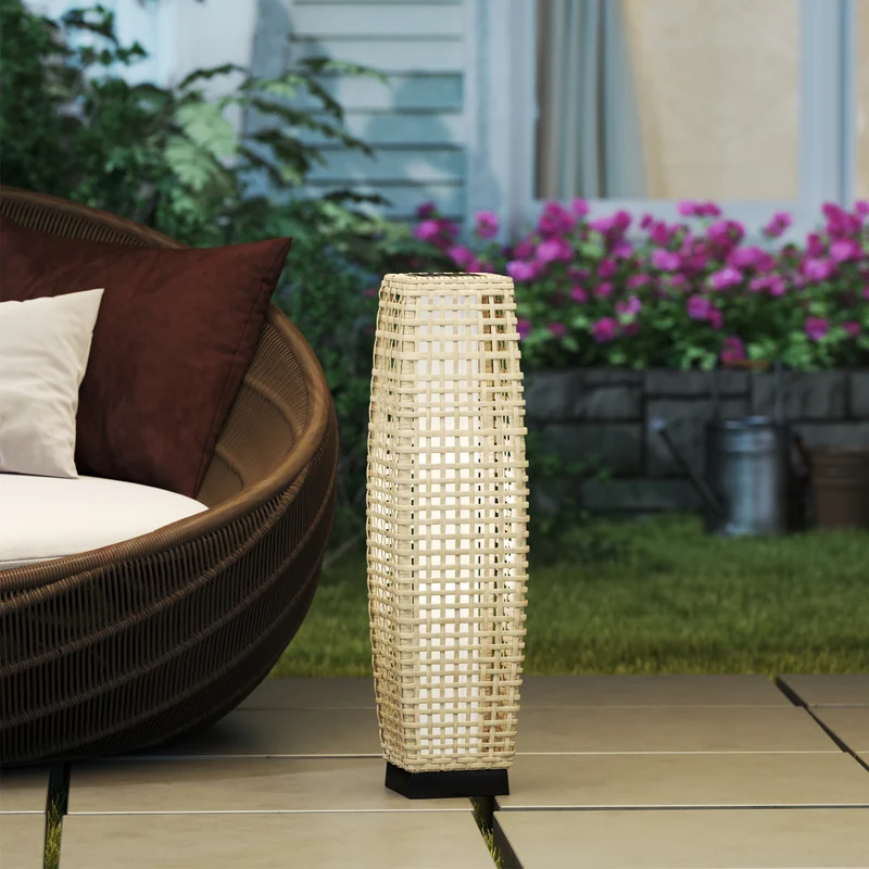 Outsunny Linterna de Jardín de Ratán Sintético Luces Solares Exterior con Luces LED Encendido/Apagado Automático para Terraza Balcón Patio 21x21x78 cm Natural