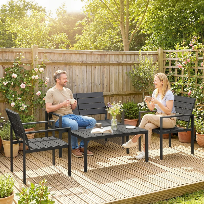 Outsunny Conjunto de Muebles de Jardín para 4 Personas, Sofá de Jardín de 4 Piezas con Sofá de 2 Plazas, 2 Sillones, Mesa de Centro, Estructura Metálica, Negro