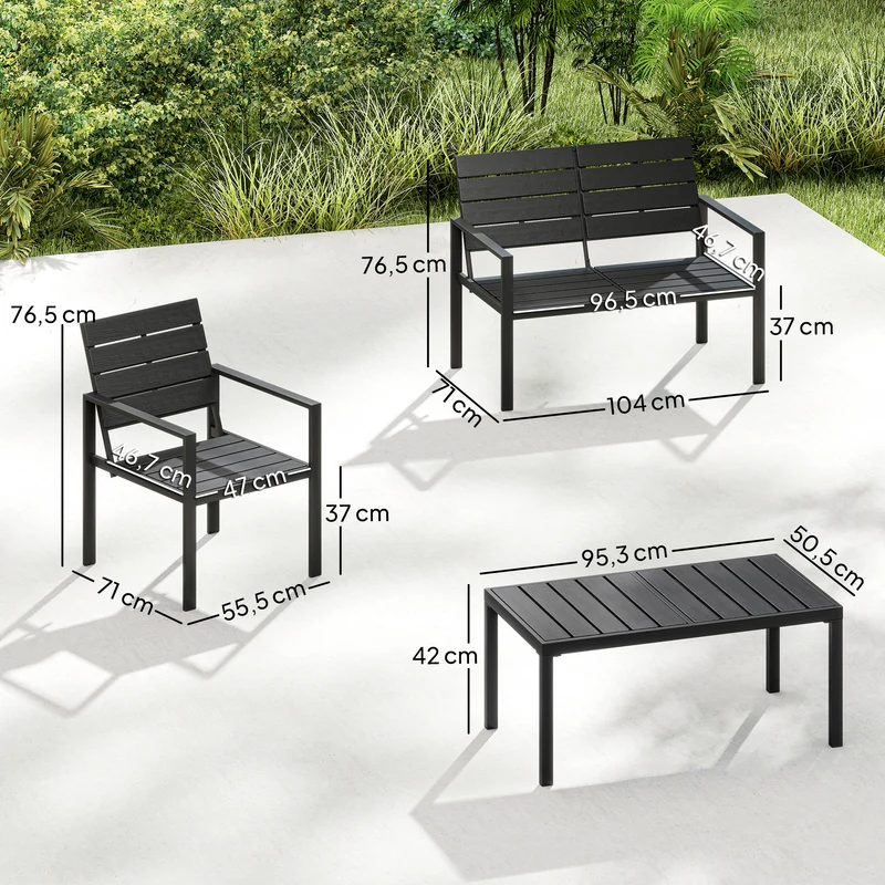Outsunny Conjunto de Muebles de Jardín para 4 Personas, Sofá de Jardín de 4 Piezas con Sofá de 2 Plazas, 2 Sillones, Mesa de Centro, Estructura Metálica, Negro