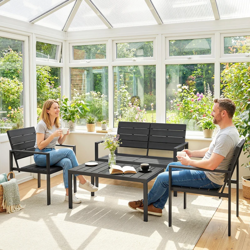 Outsunny Conjunto de Muebles de Jardín para 4 Personas, Sofá de Jardín de 4 Piezas con Sofá de 2 Plazas, 2 Sillones, Mesa de Centro, Estructura Metálica, Negro